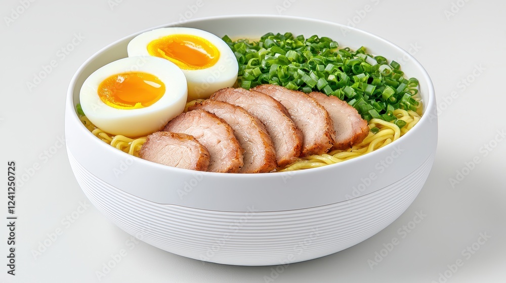 Delicious ramen bowl with tender pork, soft-boiled eggs, and fresh green onions Delicious ramen bowl with tender pork, soft-boiled eggs, and fresh green onions