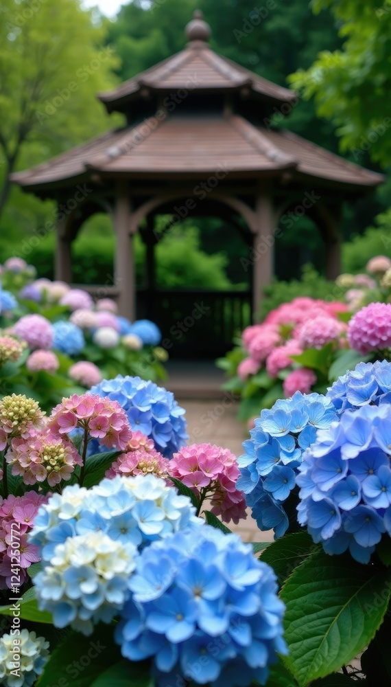 Lush hydrangea flowers in full bloom around the gazebo, flowers, rustic, blue Lush hydrangea flowers in full bloom around the gazebo, flowers, rustic, blue