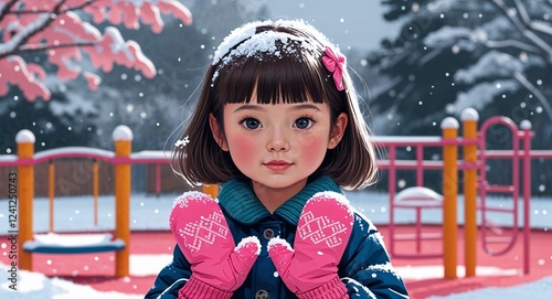 Toddler Asian girl short bob pink mittens snow covered playground background illustration portrait photo