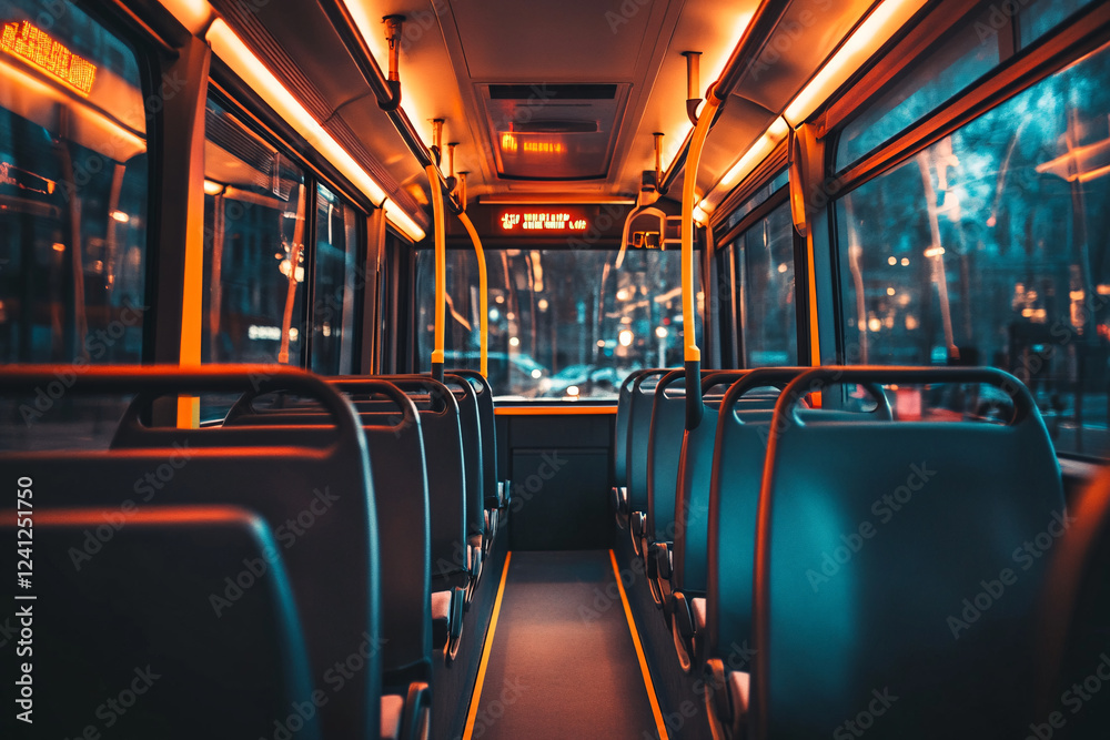 Fototapeta premium close up of bus cabin with empty seats at night