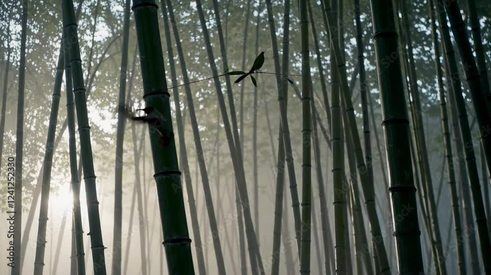 Exploring the serene beauty of a misty bamboo forest at dawn and witnessing nature's tranquility Exploring the serene beauty of a misty bamboo forest at dawn and witnessing nature's tranquility