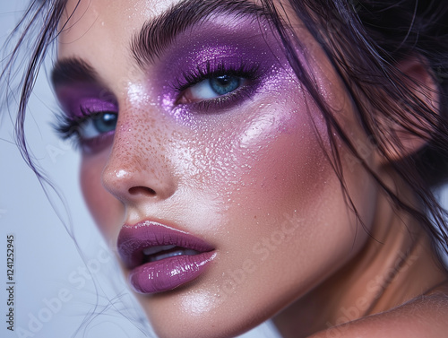 woman with her hair styled into a sleek bun, wearing a plum-toned highlighter