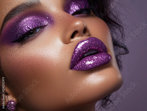 woman with her hair styled into a sleek bun, wearing a plum-toned highlighter