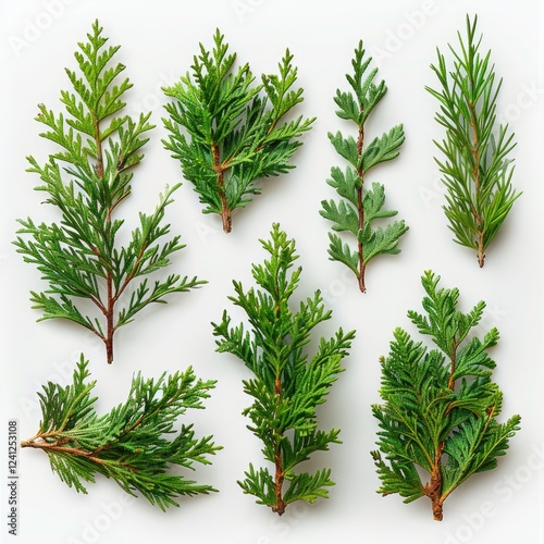 Collection of eight vibrant green conifer sprigs arranged against a stark white backdrop.