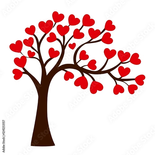 Tree with a brown trunk and curved branches, covered in bright red heart-shaped leaves, symbolizing love, romance, and Valentine's Day, set against a white background.