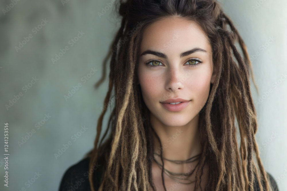 Fototapeta premium portrait of woman with dreadlock hairstyle on grey background with copy space