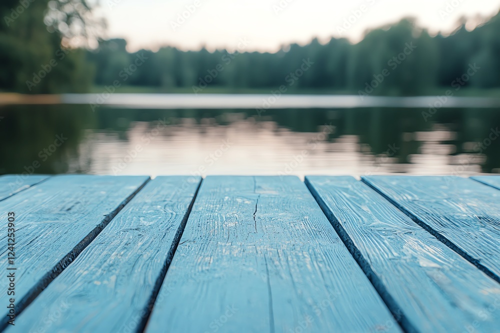 Fototapeta premium Serene lake view from a wooden deck.