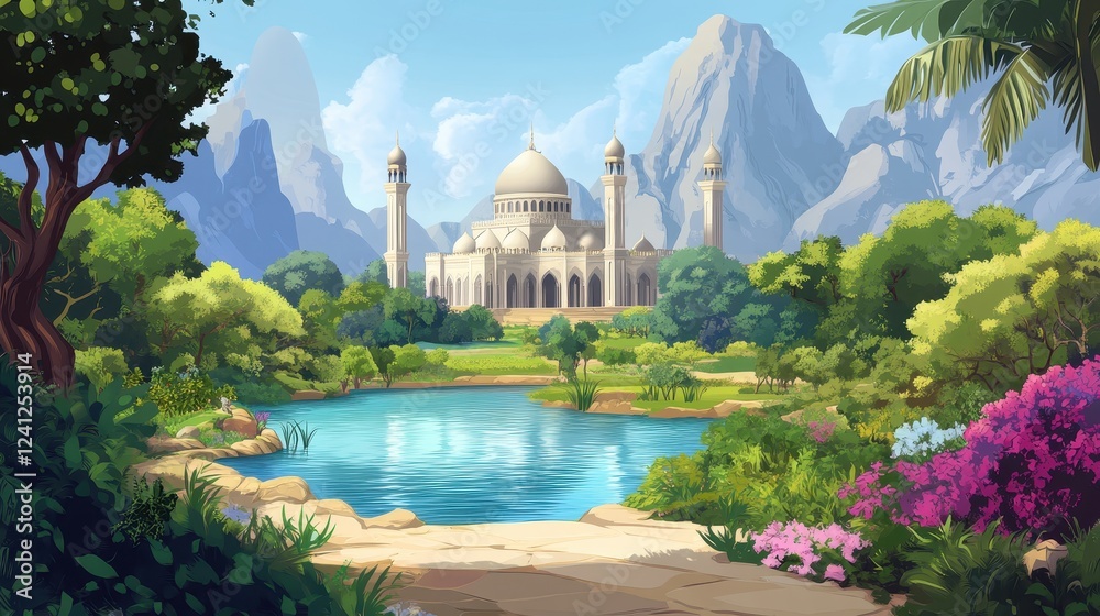 Obraz premium Majestic Mosque nestled amidst lush greenery and towering mountains