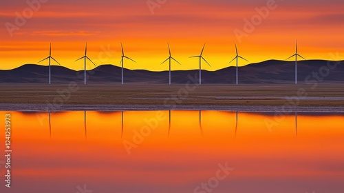 Wind Turbines Reflecting at Sunset Coastal Plain Landscape Photography Tranquil Environment Wide Angle View Renewable Energy Concept photo