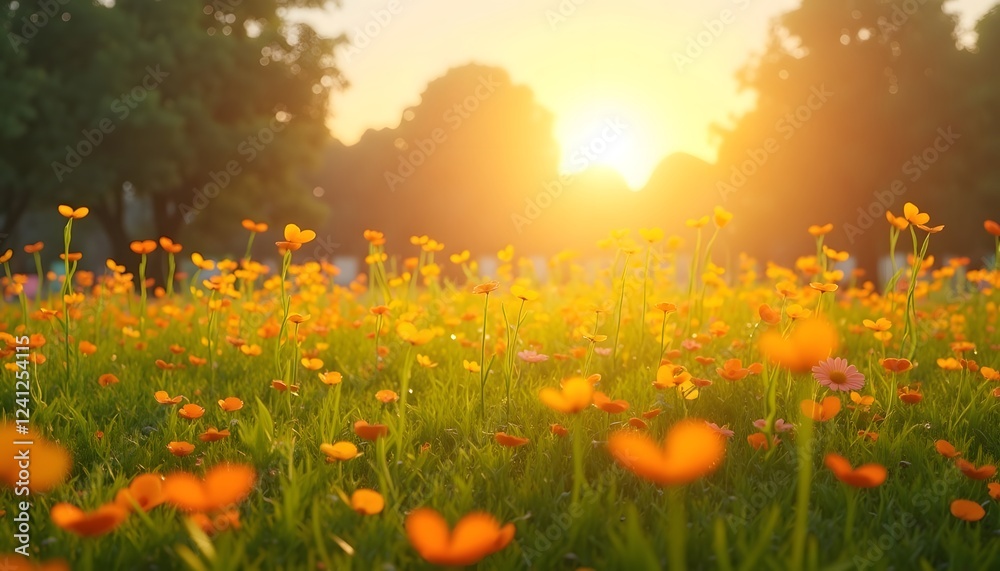 Obraz premium Golden Hour Meadow: Vibrant Sunset Blooms