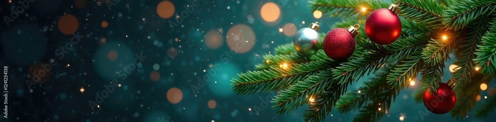 Fototapeta premium Sparkling evergreen branches intertwined with colorful Christmas ornaments, baubles,