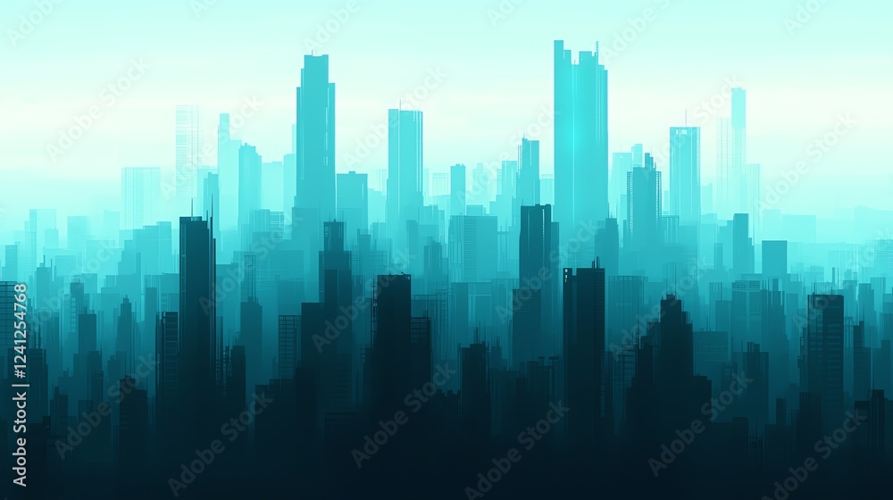 Fototapeta premium Silhouetted cityscape with a blue gradient.