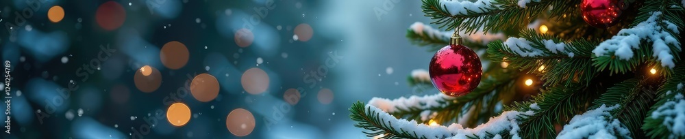 Fototapeta premium Spruce tree adorned with ornaments and sparkling fairy lights amidst snow-covered branches, branches, magical