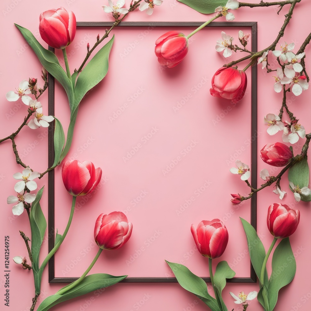 Obraz premium Red tulips and white blossoms arranged around a frame on a pink background.