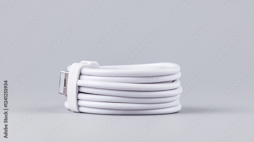 Obraz premium White USB-C cable neatly coiled on gray background, product shot for online store