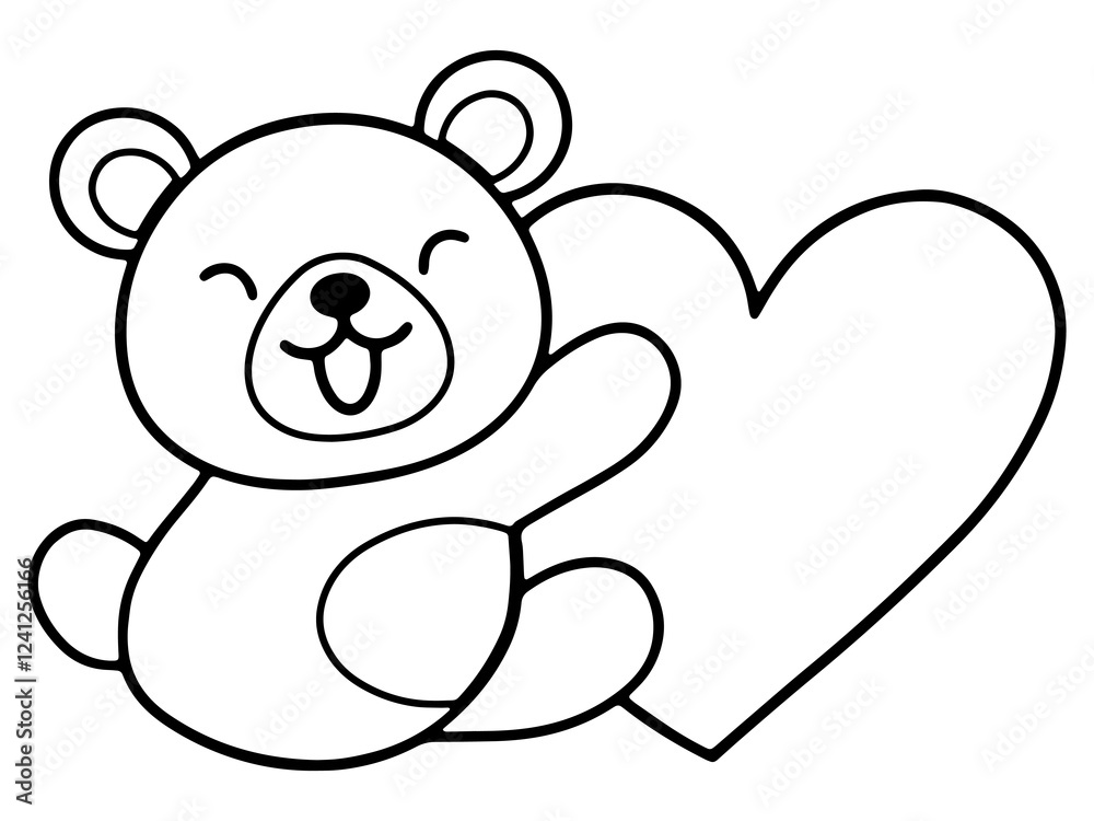 Fototapeta premium Valentine Day Bear Holding Heart Line Art