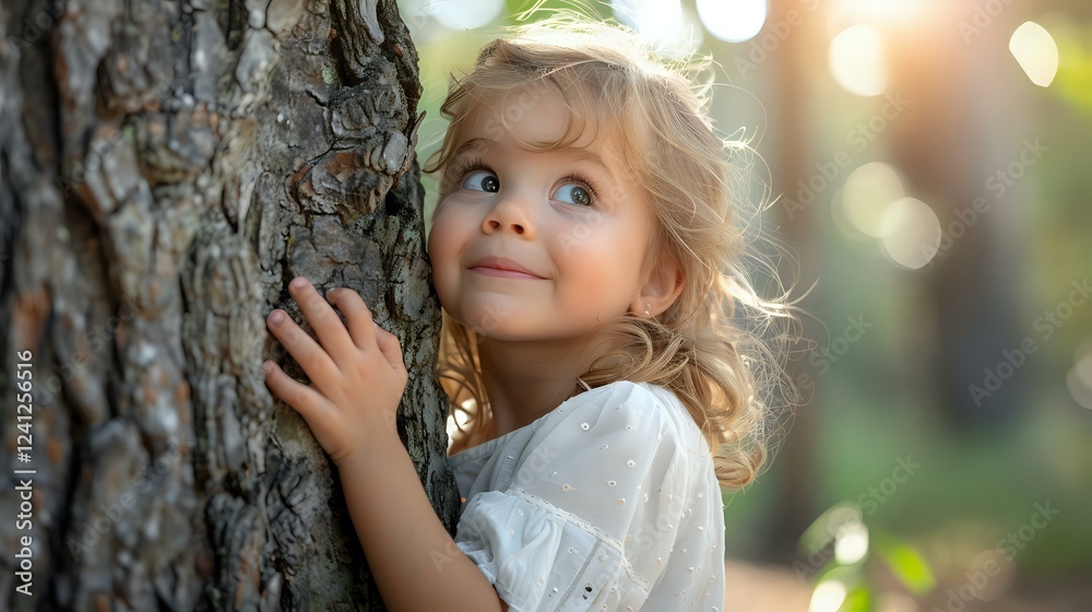 Young girl with blonde curly hair in white dress touching tree bark while looking up with wonder, backlit by soft bokeh lights in nature setting. Young girl with blonde curly hair in white dress touching tree bark while looking up with wonder, backlit by soft bokeh lights in nature setting.