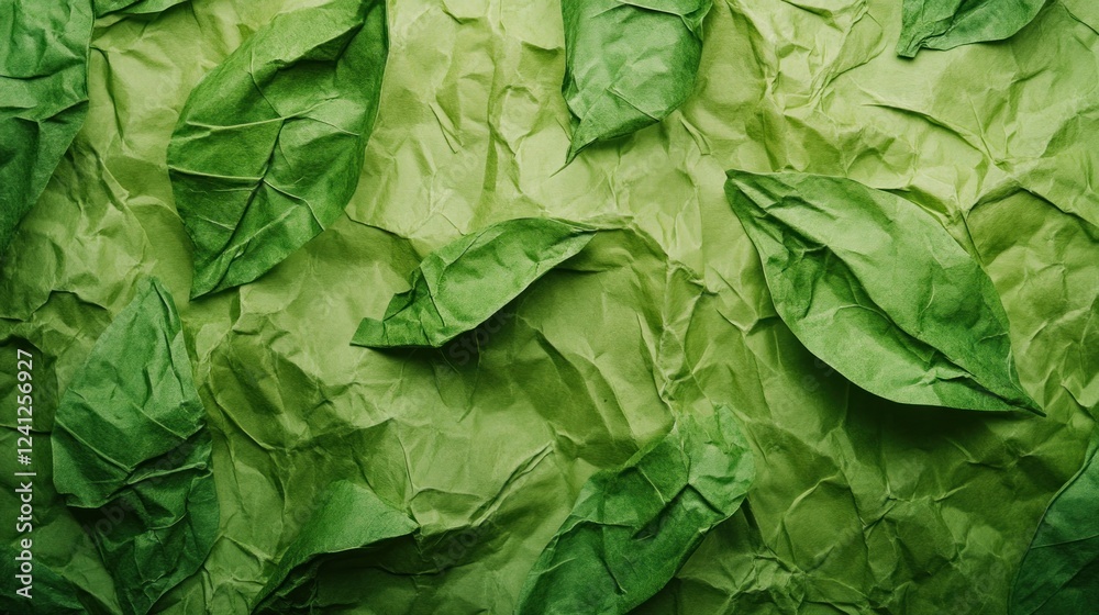 Fototapeta premium Artistic paper leaf texture with natural green tones and crumpled paper elements for background design