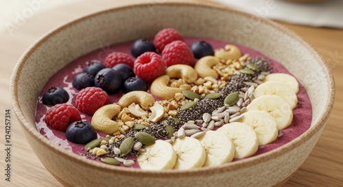 Colorful Breakfast Bowl: A vibrant and inviting breakfast bowl bursting with fresh berries, banana slices, seeds, and nuts, offering a tempting display of healthy eating.