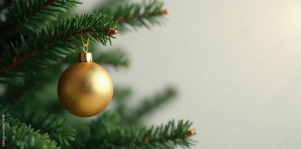 Fototapeta premium A single elegant gold ornament on a plain Christmas tree branch against a stark copy space background, modern, empty space