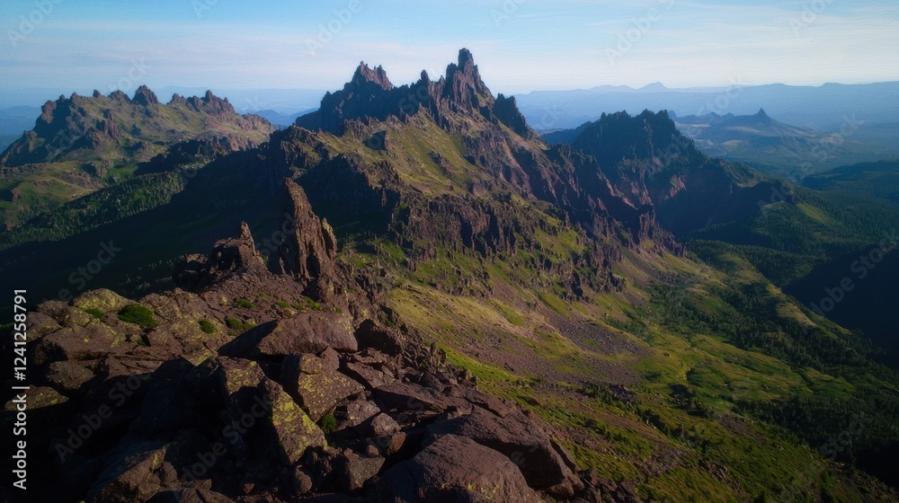 Naklejka premium Majestic mountain range with rocky peaks and lush greenery under a clear blue sky