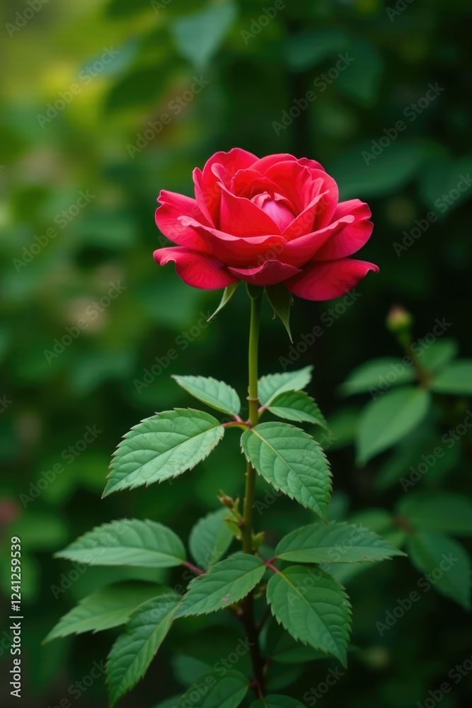 Crimson rose in full bloom amidst lush greenery, foliage, verdant background, blossom Crimson rose in full bloom amidst lush greenery, foliage, verdant background, blossom