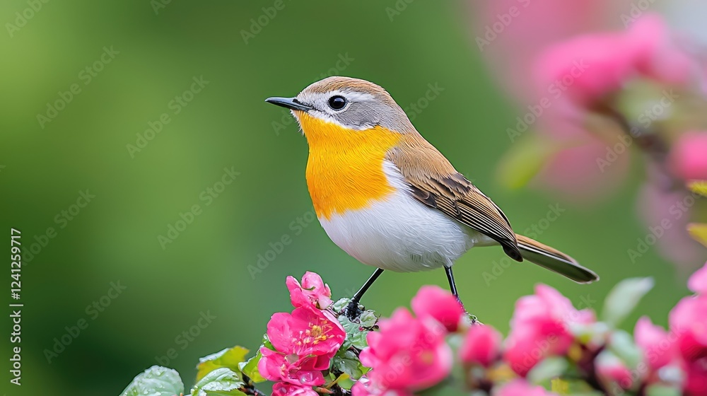 Fototapeta premium Colorful bird perched on pink blossoms, spring garden