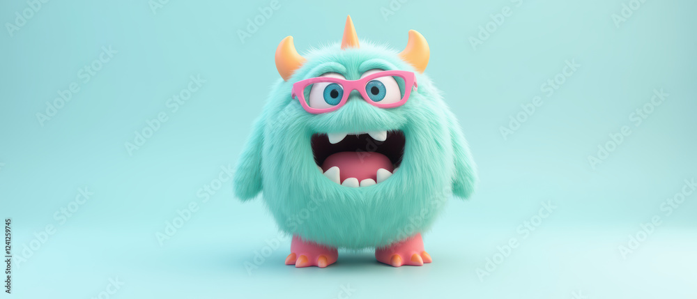 Obraz premium Cute furry monster with glasses and colorful features, smiling joyfully