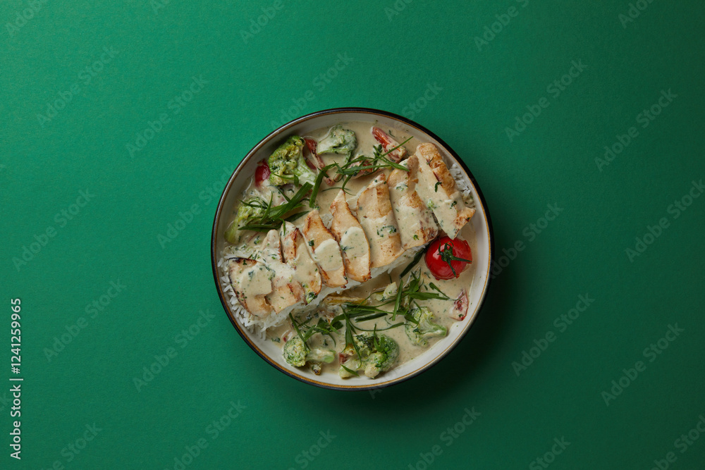 top shot on green background in a white plate on a bed of rice sliced chicken in a creamy sauce with vegetables Italian cuisine top shot on green background in a white plate on a bed of rice sliced chicken in a creamy sauce with vegetables Italian cuisine