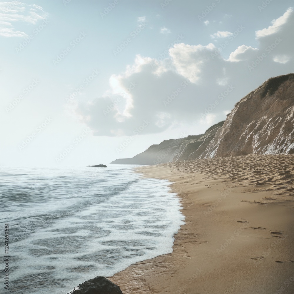 Serene beach with cliffs and gentle waves under a cloudy sky Serene beach with cliffs and gentle waves under a cloudy sky