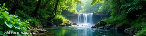 Forest river with lush vegetation and waterfall, forest scenery, nature, forest waterfall
