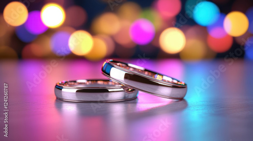 Elegant wedding rings with dazzling bokeh background create romantic atmosphere. shiny metal reflects light beautifully, symbolizing love and commitment