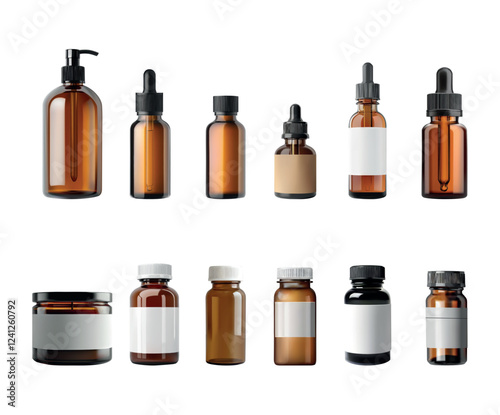 Various amber glass bottles of different sizes are arranged neatly on a light backdrop. These bottles are intended for storing oils, tinctures, and herbal extracts.
