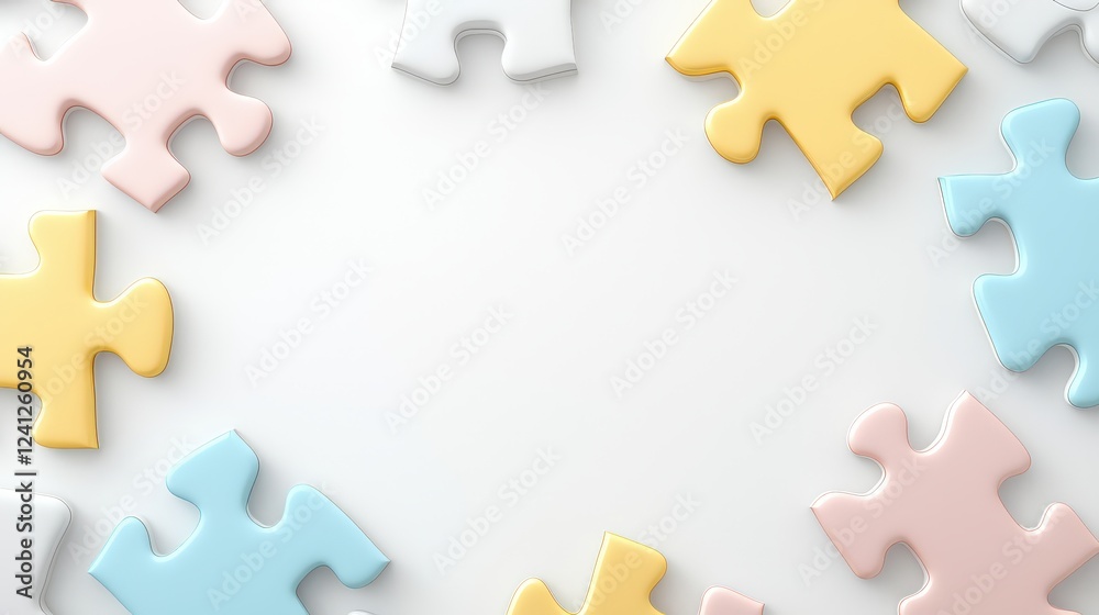 Obraz premium A minimalist puzzle border design with pastel jigsaw pieces forming a playful yet elegant frame, creating a charming space for text or design in the middle.