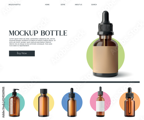 Collection of brown glass bottles with droppers in different designs arranged on a simple web layout, highlighting packaging options for potential products and branding.