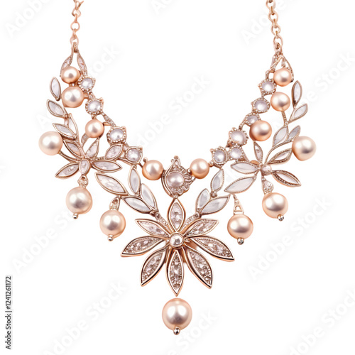 Elegant rose gold pearl necklace floral design jewelry fashion accessory on transparent background