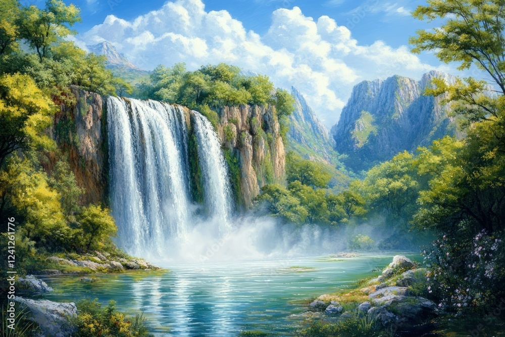 Serene Waterfall in Lush Landscape Under Bright Blue Sky with Majestic Mountains in the Background Serene Waterfall in Lush Landscape Under Bright Blue Sky with Majestic Mountains in the Background