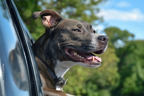 A Joyful Dog Relishing a Wonderful Summer Road Trip with the Wind Gently Blowing Through Its Fur, Embracing a Sense of Freedom and Fun While Adventurously Exploring the Great Outdoors photo