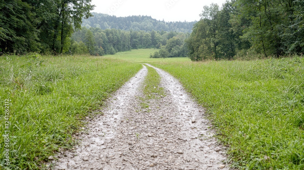 Gravel road through green field, forest background, nature landscape Gravel road through green field, forest background, nature landscape