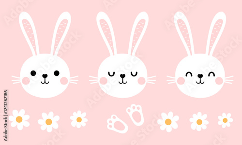 Set of bunny rabbit cartoons, daisy flower and foot print on pink background vector.