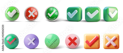 Colorful check and cross icons are arranged in two rows, featuring green, red, and other colors. They are designed for use in digital environments, enhancing visual communication.