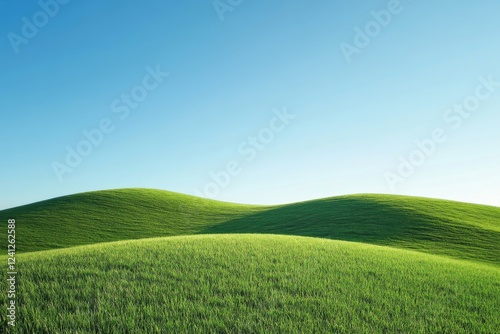 Lush green hills and vibrant grasslands under bright blue sky - serene landscape for nature enthusiasts and outdoor lovers