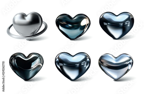 A collection of six metallic hearts positioned in a row, each with unique shapes and finishes. The hearts vary in color and sheen, presenting an array of artistic possibilities for design.