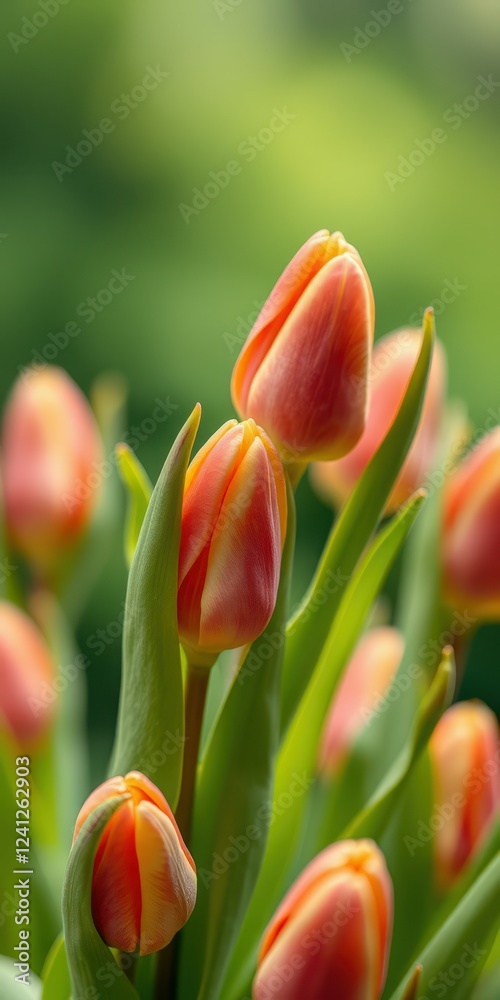 Beautiful orange tulips bloom under soft sunlight in a vibrant garden during springtime Beautiful orange tulips bloom under soft sunlight in a vibrant garden during springtime