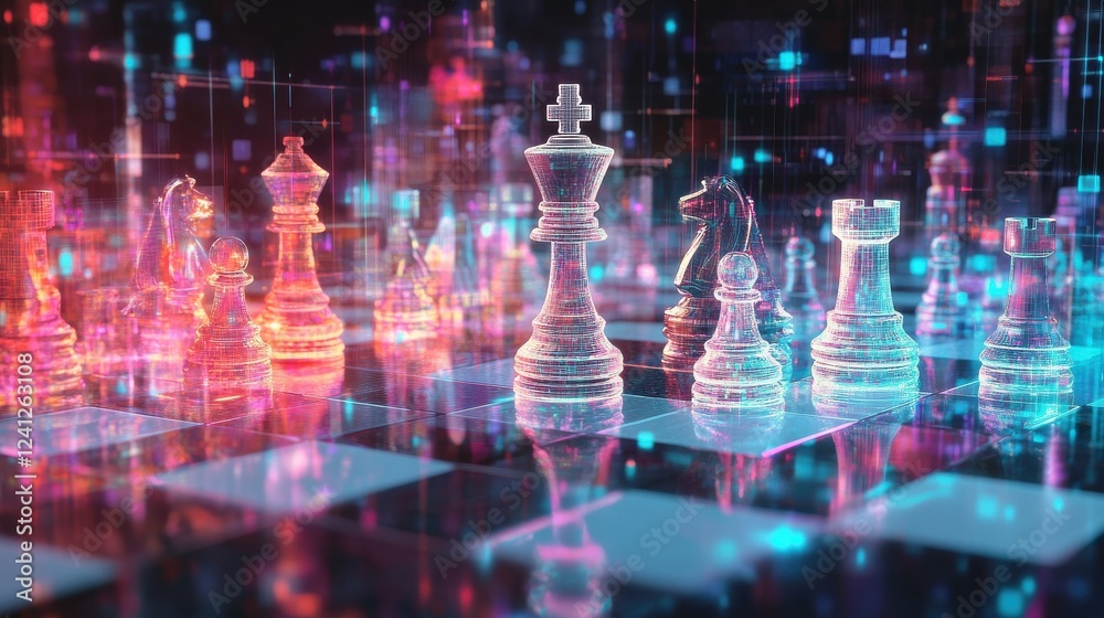 Obraz premium A digital chessboard with holographic pieces symbolizing AI in business strategy.