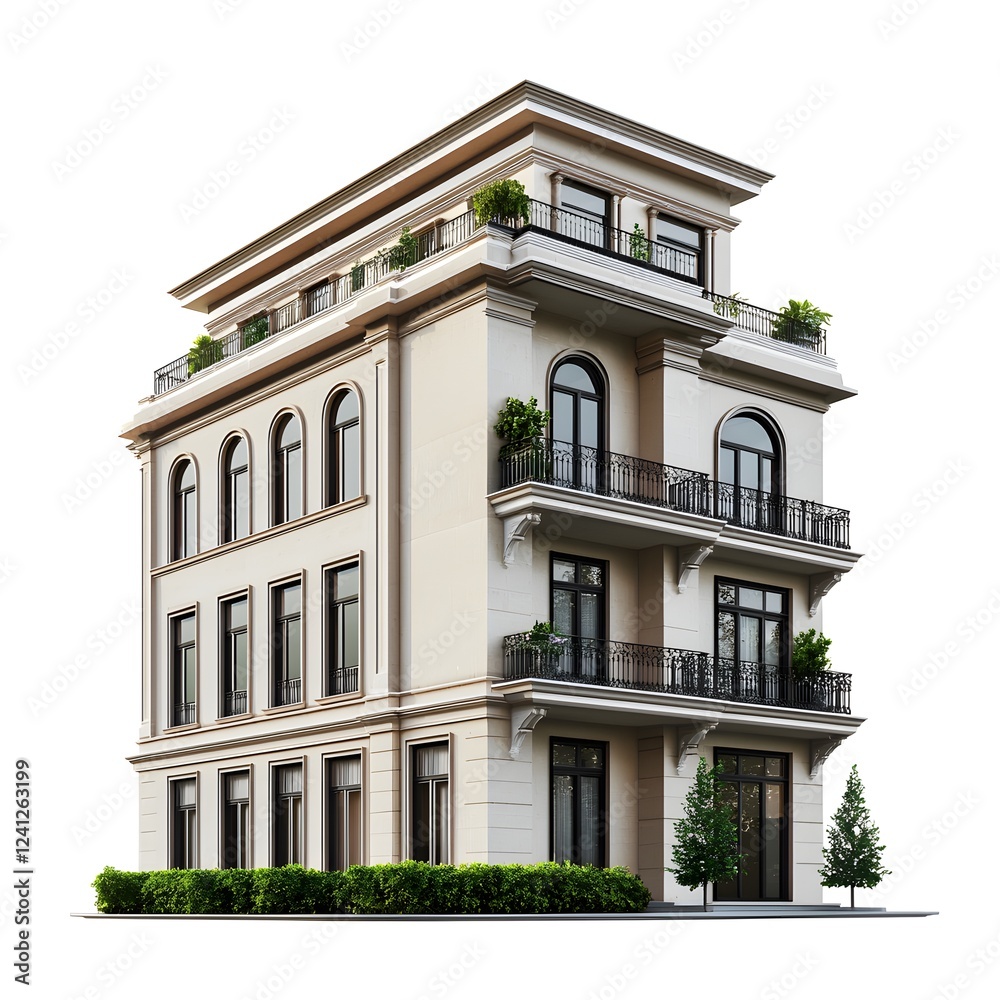 Fototapeta premium Luxurious Modern Apartment Building with Ornate Facade and Balconies in Urban Cityscape