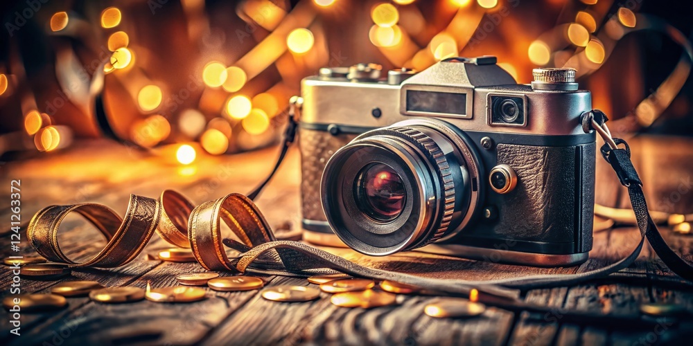 Fototapeta premium Vintage Film Camera & Scattered Film Rolls: Retro Photography Still Life