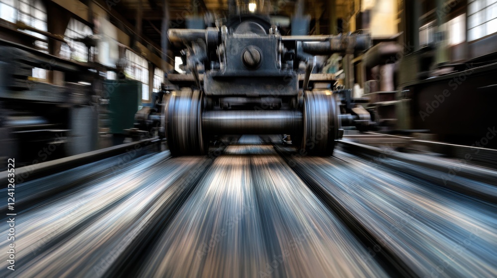 Fototapeta premium Industrial Machine in Motion Blurring the Scene in Factory Environment