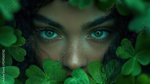 St. Partick's Day background. Portrait of woman in green clover leaves