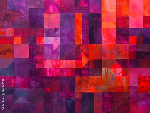 Illustration of A mesmerizing gradient blend of sunset hues, from deep purples to fiery reds, with abstract geometric patterns interwoven throughout. Ai Generate.
